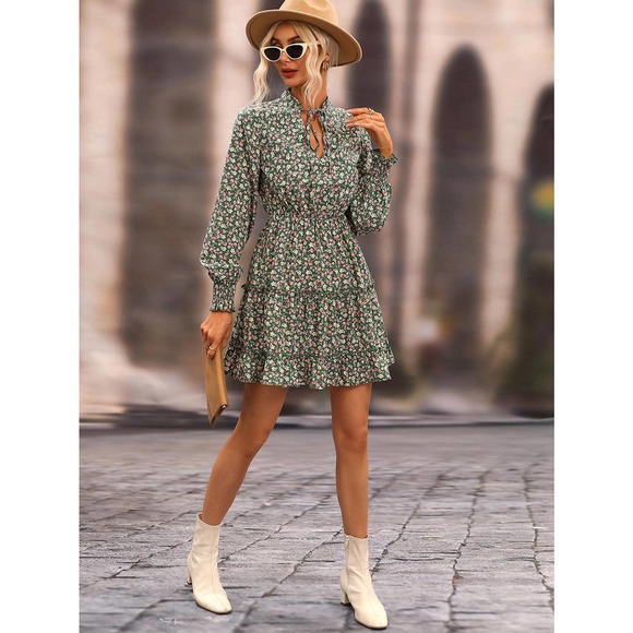 Ditsy Floral Frill Trim Tie-Neck Dress - Picture 5 of 5